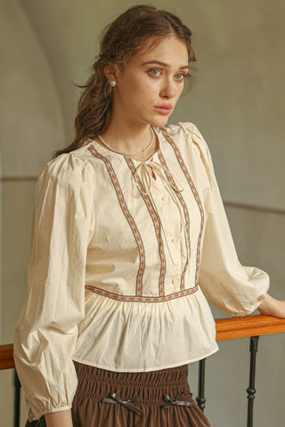 Peplum Blouse with Floral Embroidered Trim