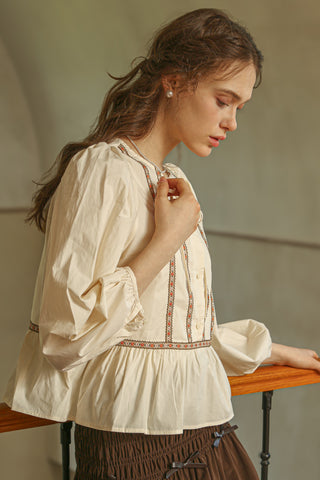 Peplum Blouse with Floral Embroidered Trim