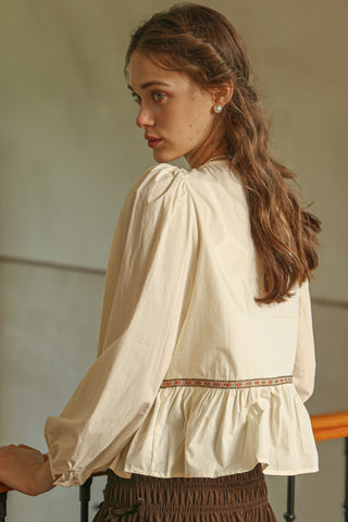 Peplum Blouse with Floral Embroidered Trim