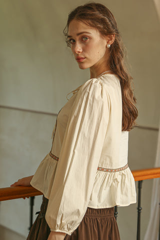 Peplum Blouse with Floral Embroidered Trim