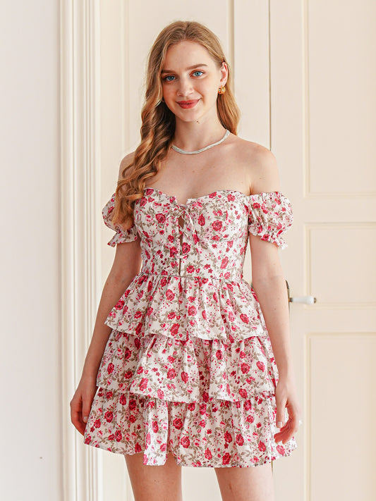 Off-Shoulder Floral Tiered Mini Dress