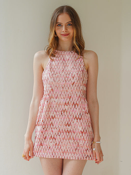Coral Pink Herringbone Tweed Sleeveless Mini Dress