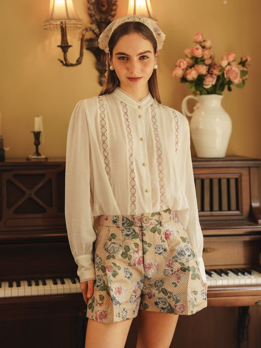 Embroidered Garden Bloom High-Waisted Shorts